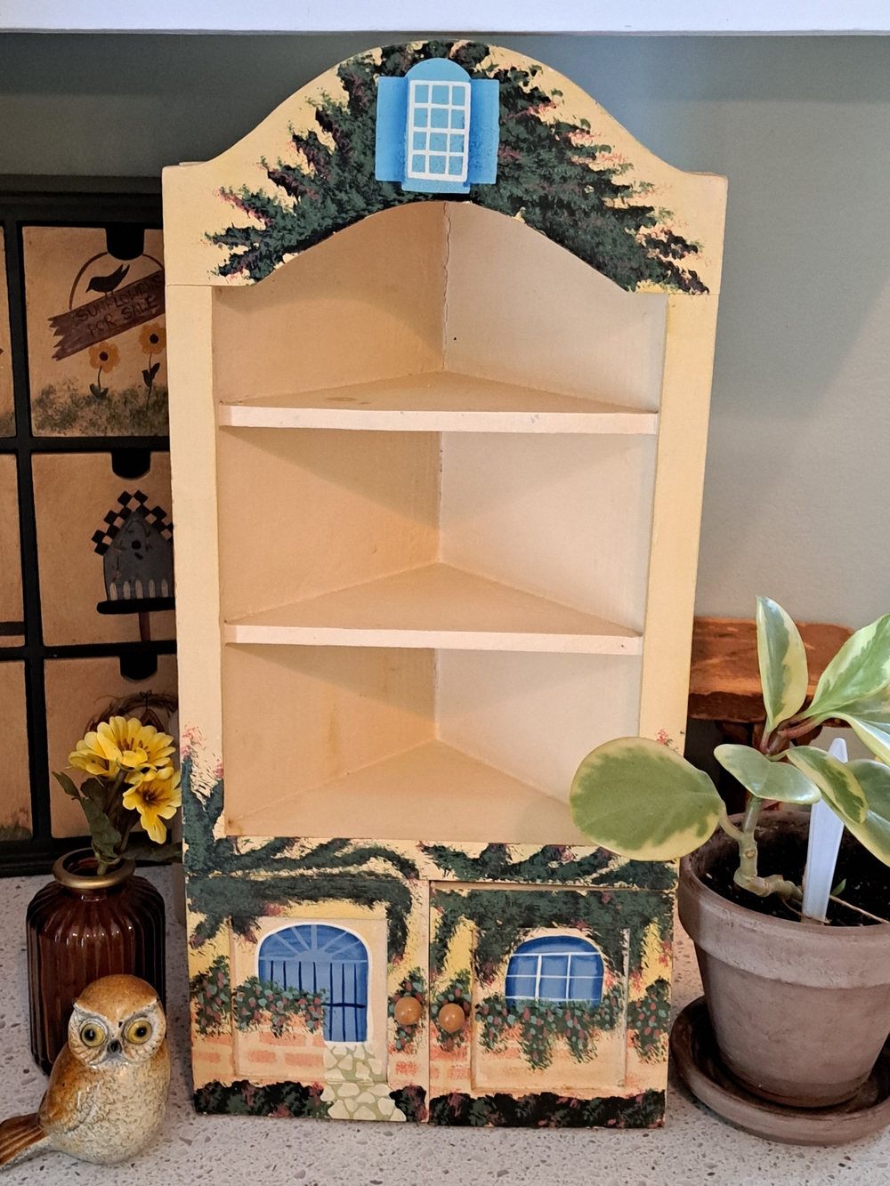 Hand-Painted Pale Yellow Mini Shelf with Blue Accents